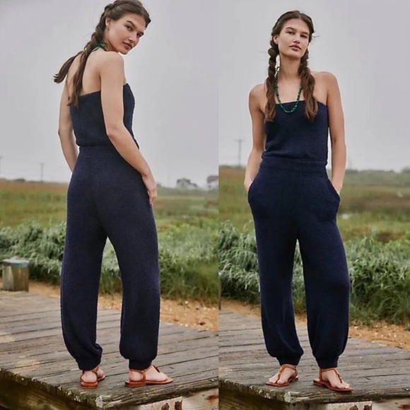 New! Free People FP Beach Claire terry Navy Knit strapless Jumpsuit 20147 - Picture 1 of 12